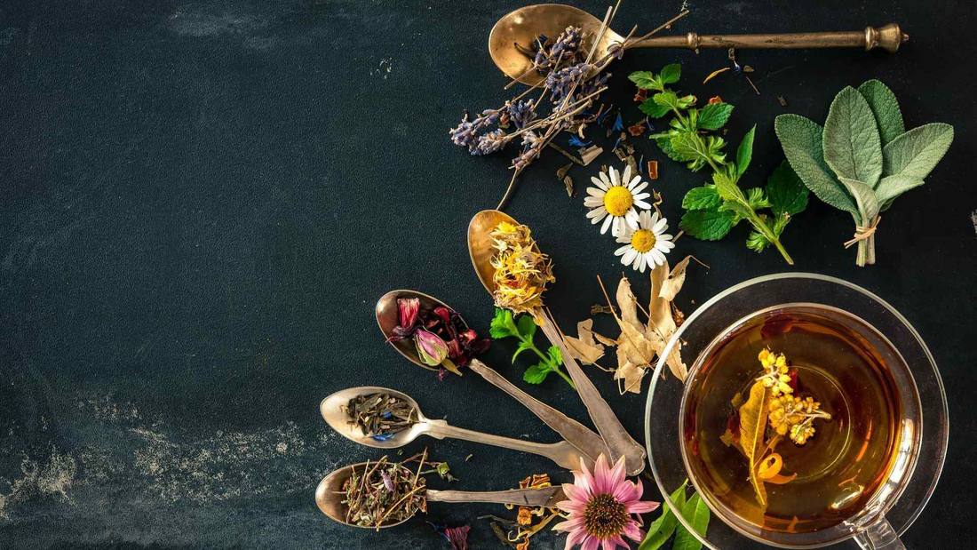 Healing herbs and tea on a dark table